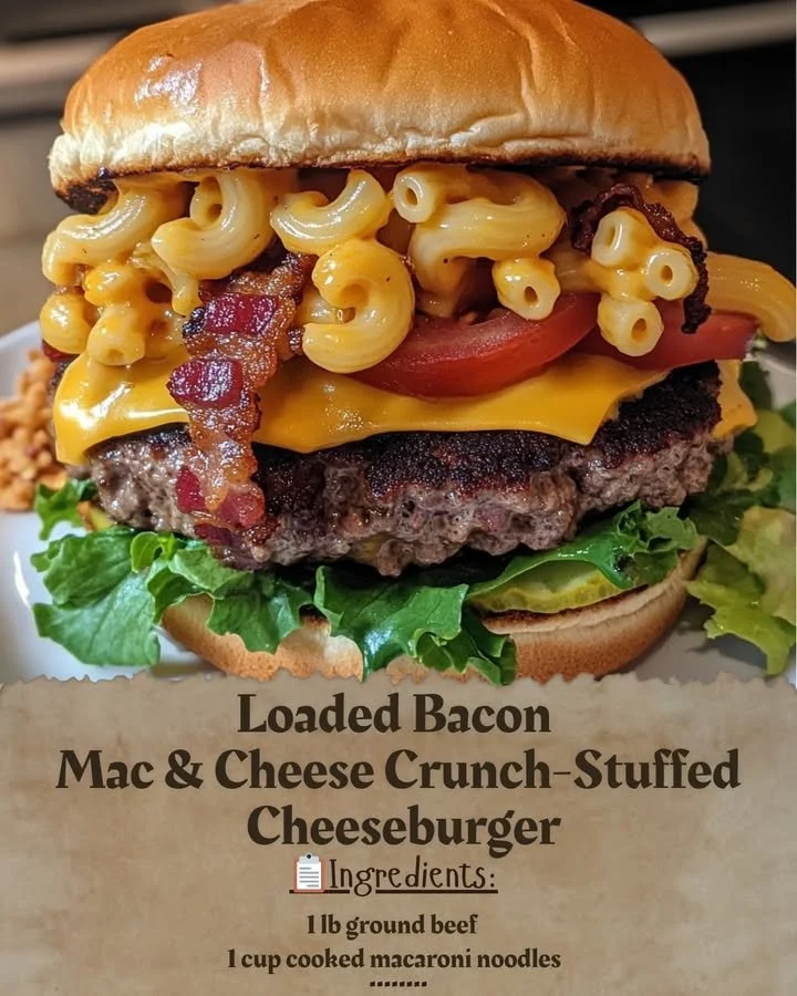 Loaded Bacon Mac & Cheese Crunch-Stuffed Cheeseburger with crispy toppings