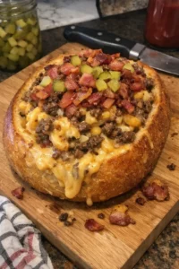 Loaded Bacon Mac Cheeseburger Stuffed Bread Loaf with melted cheese and crispy bacon