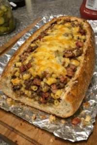 Loaded Bacon Mac Cheeseburger Stuffed Bread Loaf with melted cheese and crispy bacon