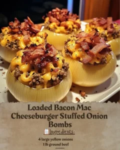 Loaded Bacon Mac Cheeseburger Stuffed Onion Bombs served on a plate