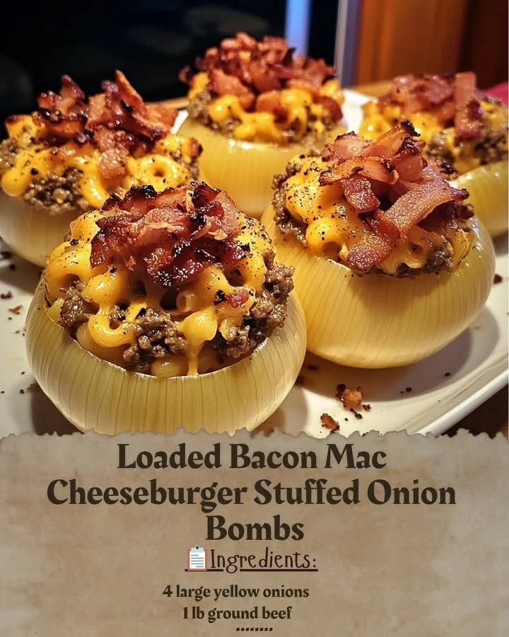 Loaded Bacon Mac Cheeseburger Stuffed Onion Bombs served on a plate