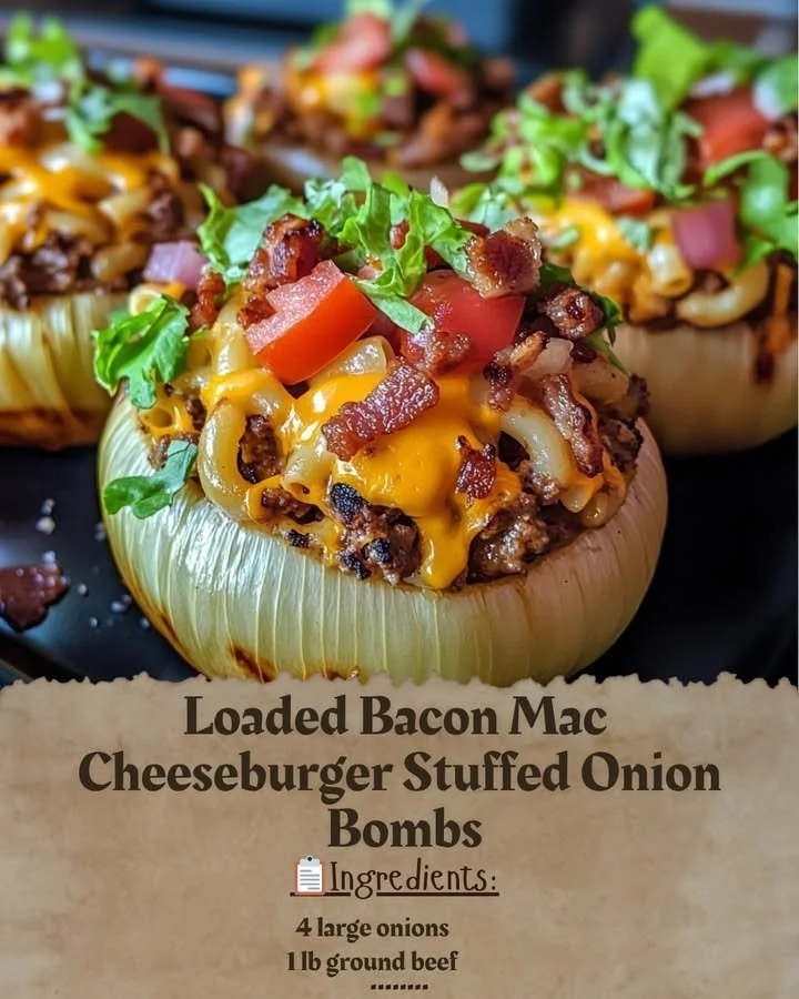 Loaded Bacon Mac Cheeseburger Stuffed Onion Bombs with gooey cheese and crispy bacon
