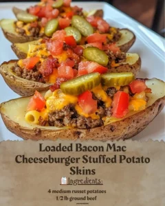 Loaded Bacon Mac Cheeseburger stuffed potato skins topped with cheese and bacon.