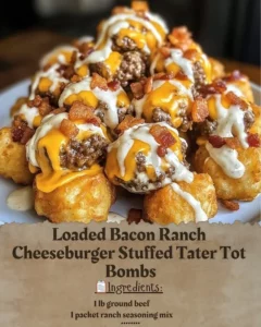 Loaded Bacon Ranch Cheeseburger Stuffed Tater Tot Bombs plated and ready to serve.
