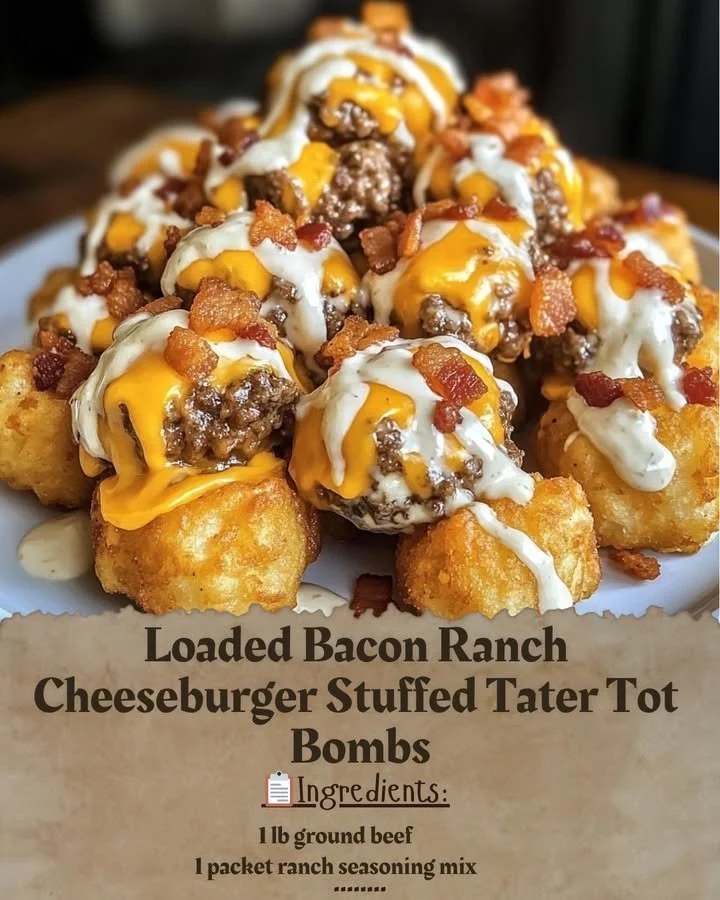 Loaded Bacon Ranch Cheeseburger Stuffed Tater Tot Bombs plated and ready to serve.