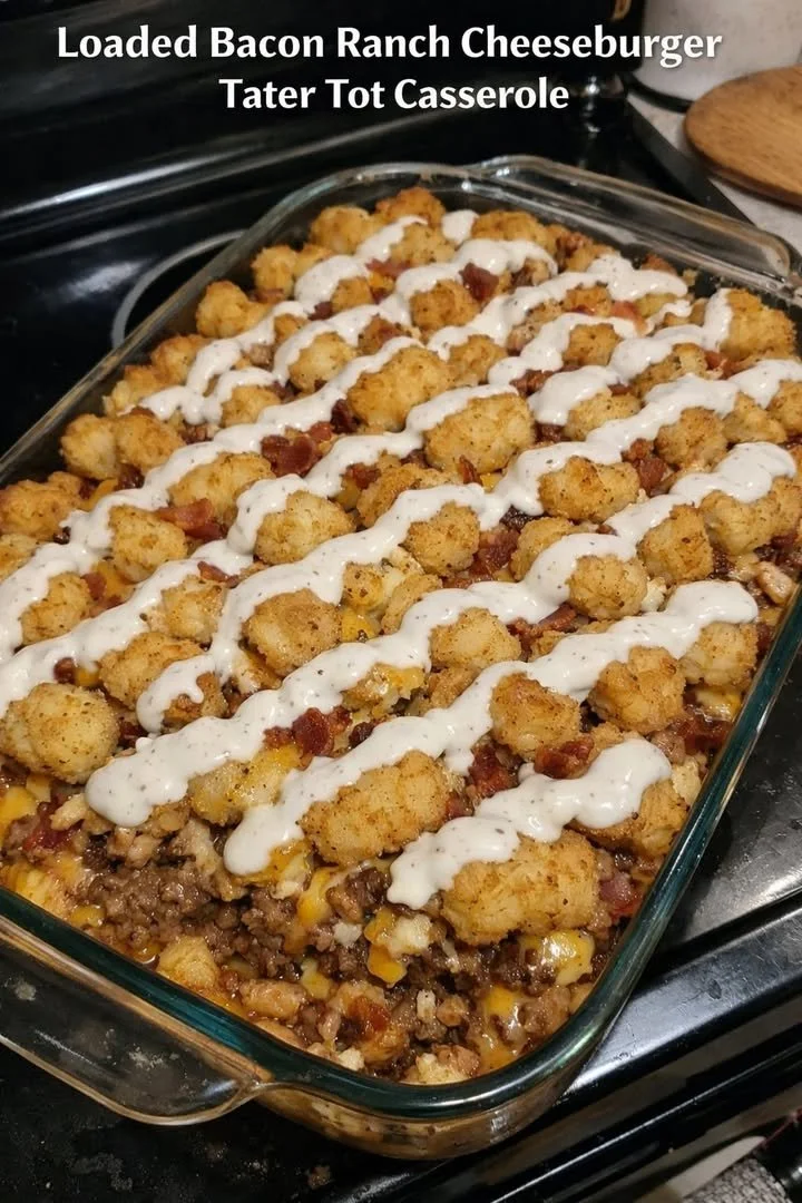 Delicious Bacon Ranch Cheeseburger Casserole topped with crispy tater tots