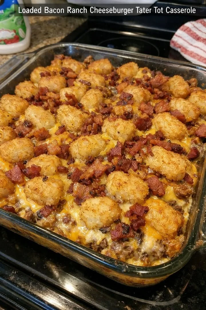 Loaded Bacon Ranch Cheeseburger Tater Tot Casserole topped with crispy bacon