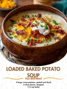 A bowl of creamy loaded baked potato soup topped with cheese and bacon.
