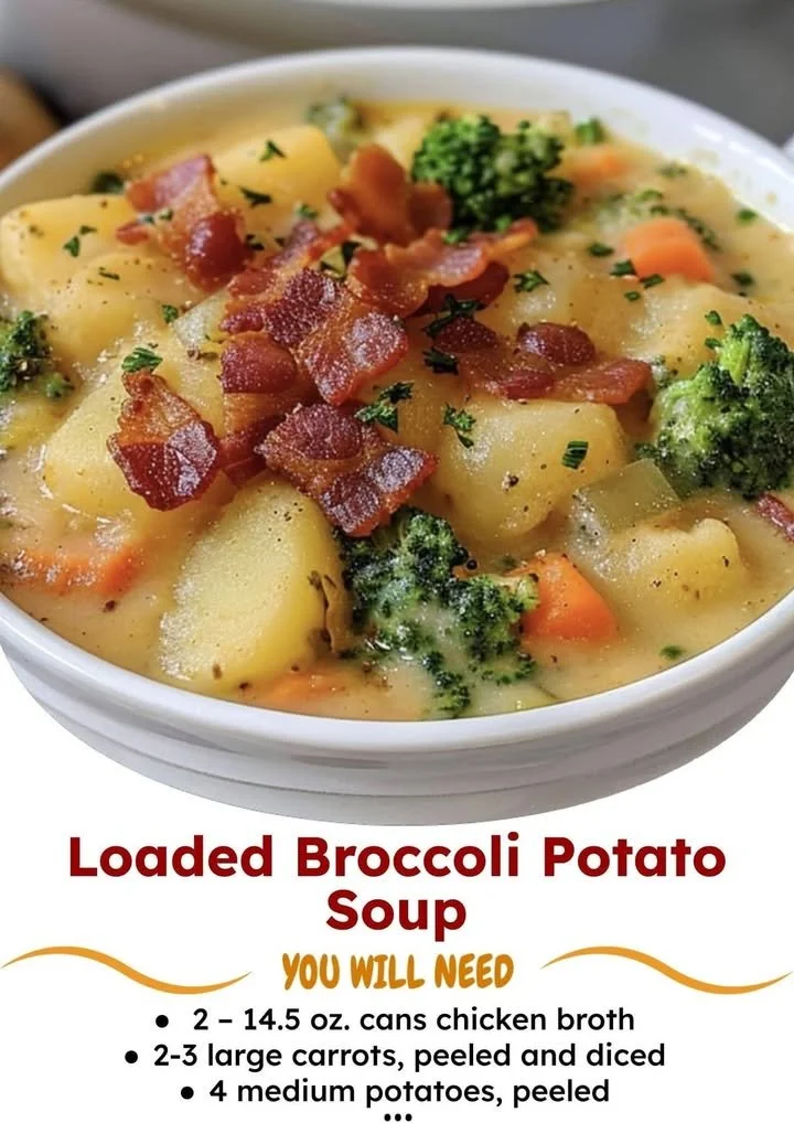 Bowl of loaded broccoli potato soup with toppings and fresh herbs