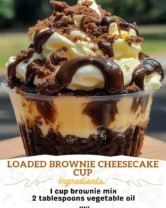 Delicious loaded brownie cheesecake cup with rich layers of chocolate and cream