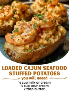 Delicious loaded Cajun seafood stuffed potatoes topped with creamy sauce.