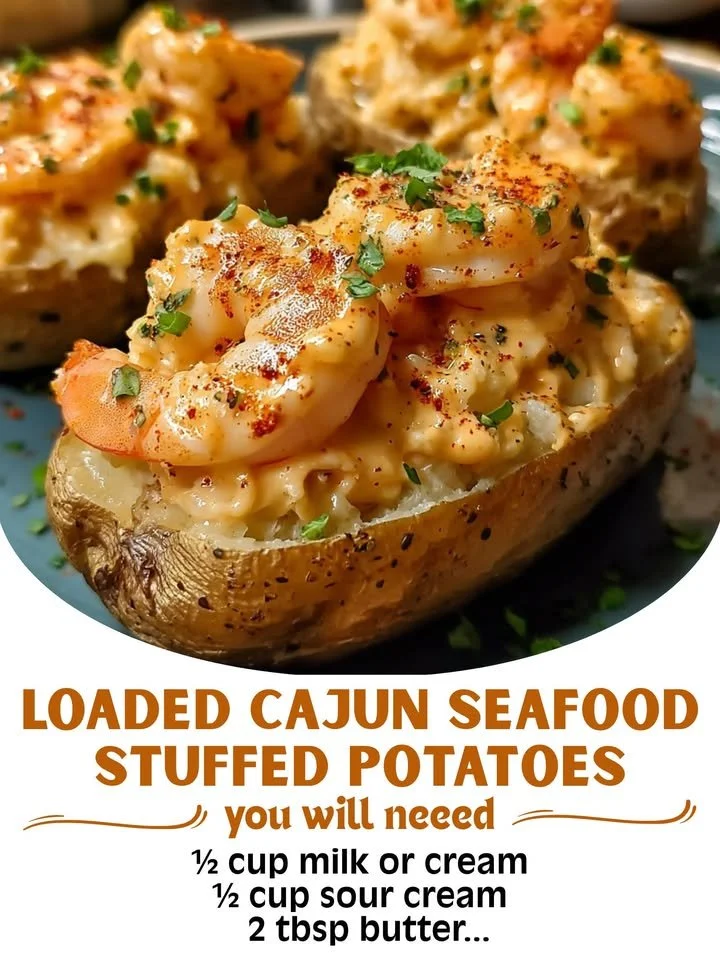 Delicious loaded Cajun seafood stuffed potatoes topped with creamy sauce.