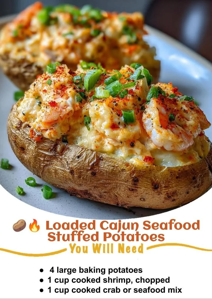 Delicious Loaded Cajun Seafood Stuffed Potatoes topped with seafood and spices
