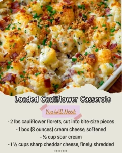 Loaded Cauliflower Casserole with cheese and toppings on a plate