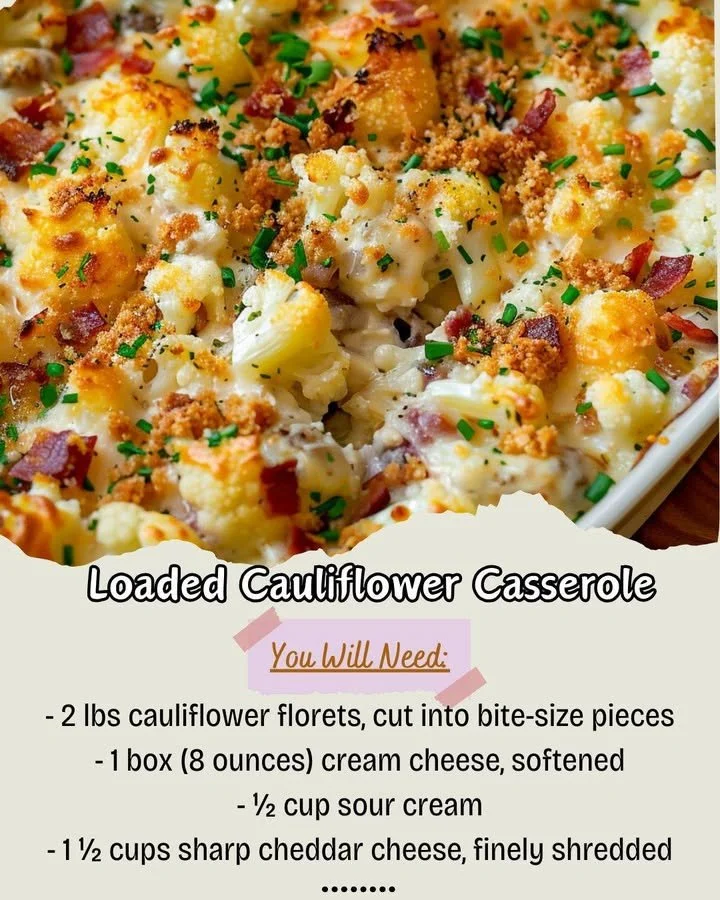 Loaded Cauliflower Casserole with cheese and toppings on a plate