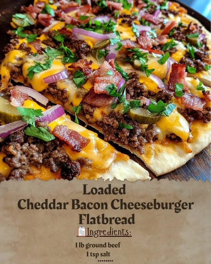 Loaded Cheddar Bacon Cheeseburger Flatbread topped with cheese and bacon