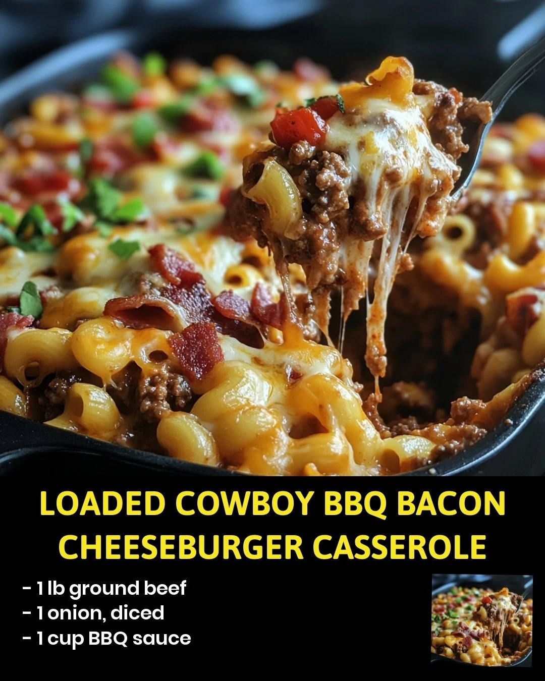 Loaded Cowboy BBQ Bacon Cheeseburger Casserole with melted cheese and bacon