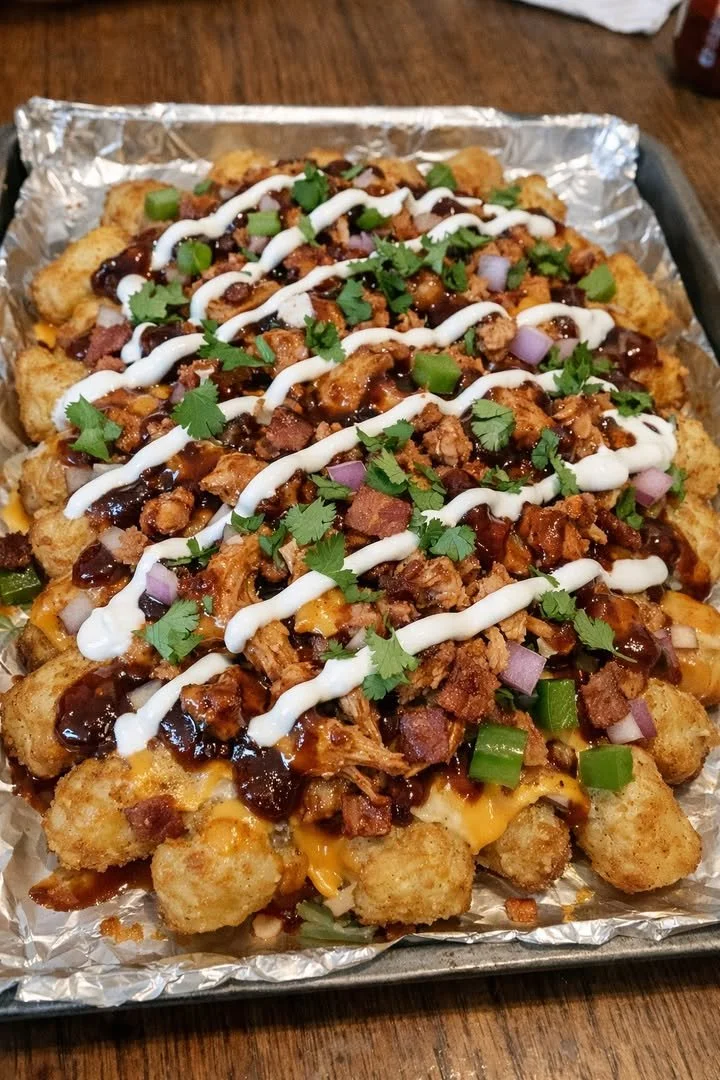 Loaded Cowboy BBQ Tater Tot Nachos topped with cheese and jalapeños