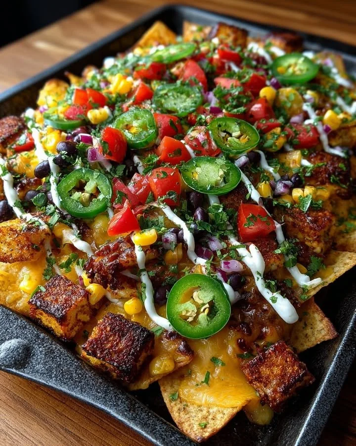 Loaded Halloumi Nachos Supreme topped with 5-cheese sauce