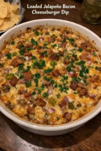Delicious Loaded Jalapeño Bacon Cheeseburger Dip served in a bowl