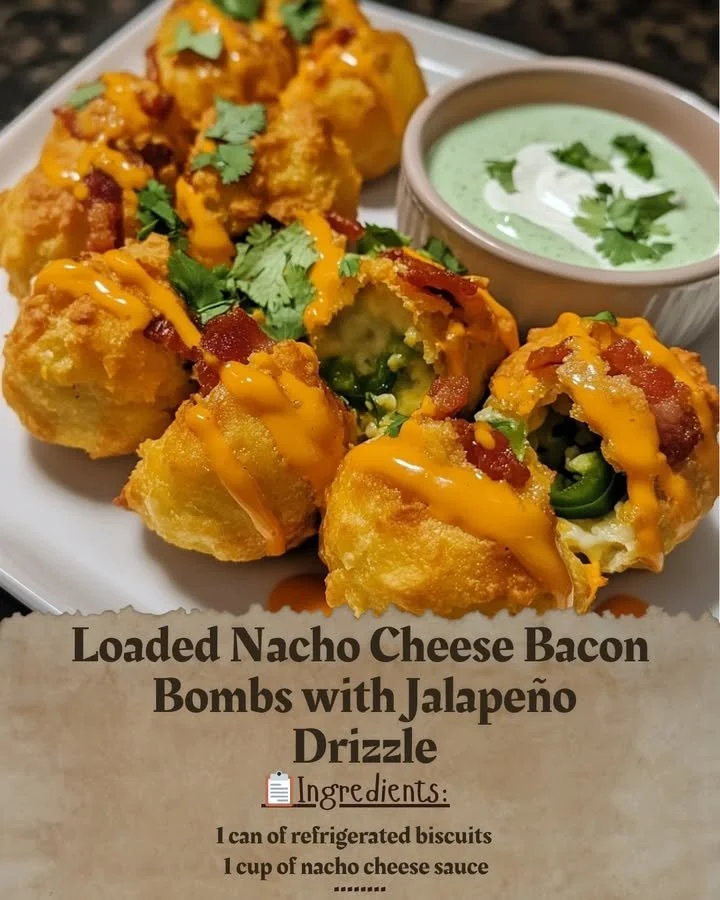 Loaded Nacho Cheese Bacon Bombs topped with jalapeño drizzle