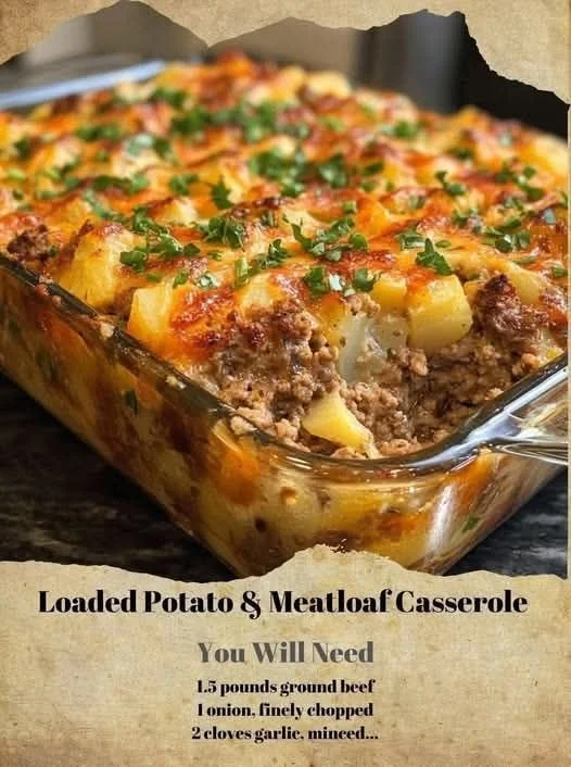 Loaded Potato and Meatloaf Casserole ready to serve in a baking dish