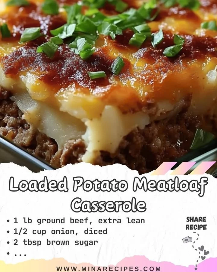 Delicious Loaded Potato Meatloaf Casserole topped with cheese and bacon