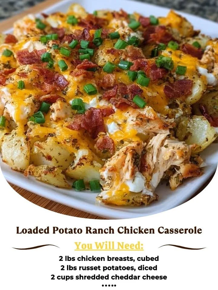 Delicious Loaded Potato Ranch Chicken Casserole topped with cheese and herbs.