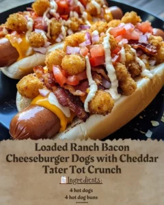 Loaded Ranch Bacon Cheeseburger Dogs with Cheddar Tater Tot Crunch on a plate