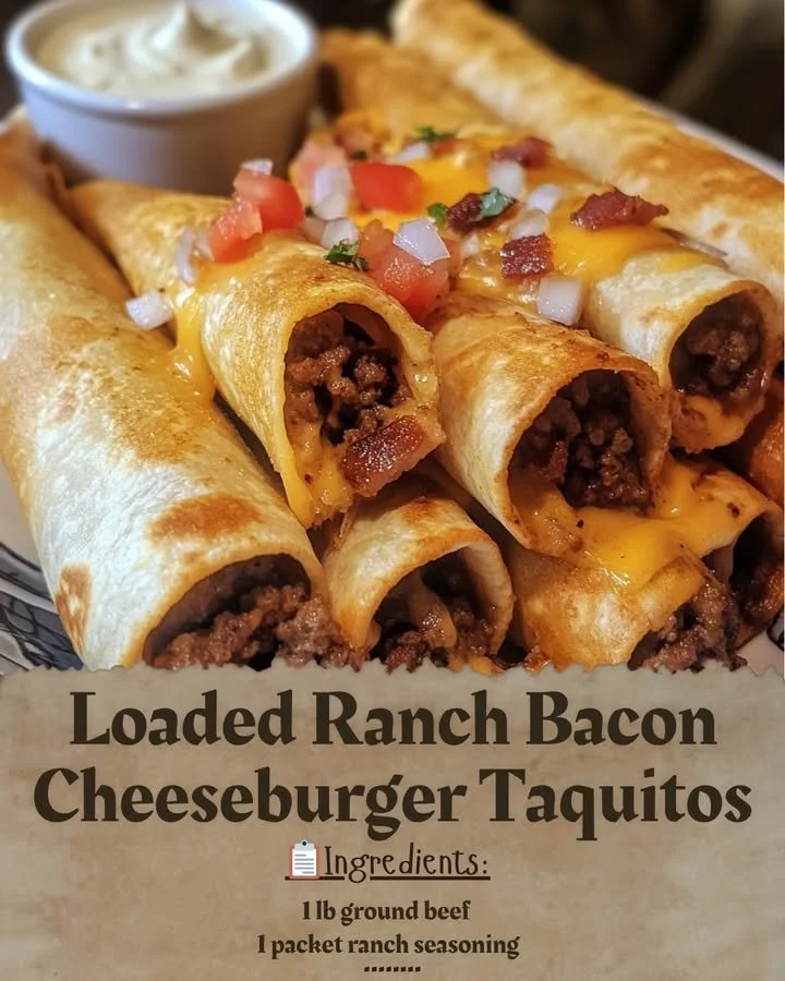 Loaded Ranch Bacon Cheeseburger Taquitos ready to serve on a platter.