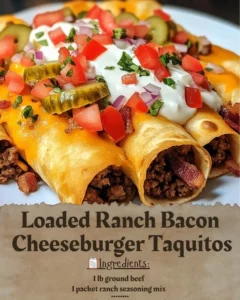 Loaded Ranch Bacon Cheeseburger Taquitos ready to serve on a plate.