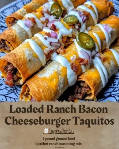 Delicious loaded ranch bacon cheeseburger taquitos on a plate.