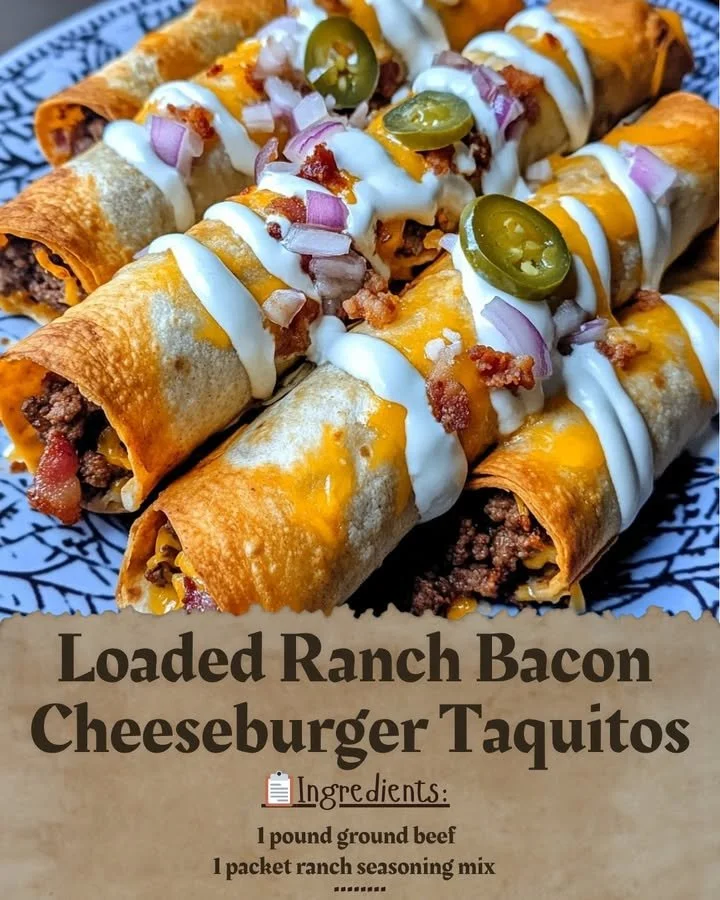 Delicious loaded ranch bacon cheeseburger taquitos on a plate.