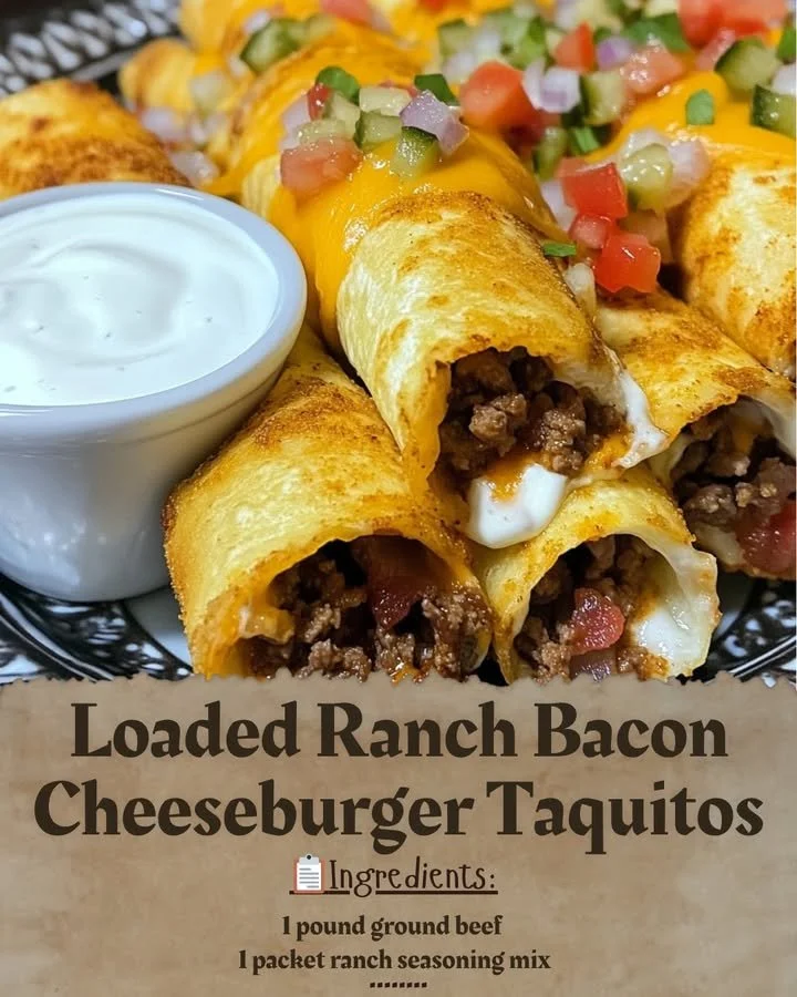 Loaded ranch bacon cheeseburger taquitos garnished with toppings