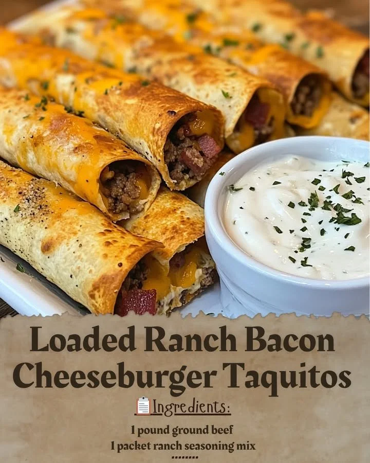 Loaded Ranch Bacon Cheeseburger Taquitos ready to serve, topped with ranch dressing.