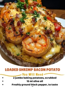 Delicious Loaded Shrimp Bacon Potato topped with cheese and fresh herbs