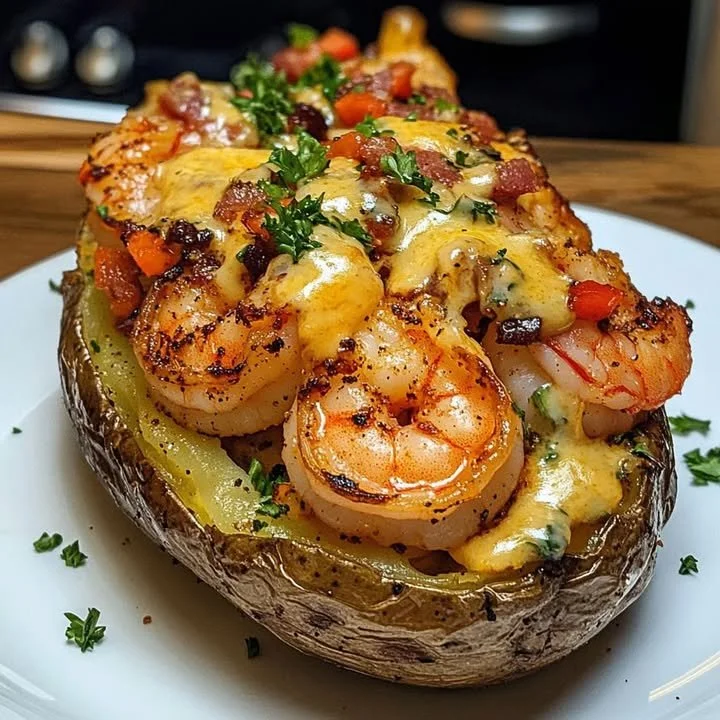 Delicious Loaded Shrimp Bacon Potato topped with cheese and herbs