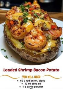 Loaded Shrimp Bacon Potato dish with toppings