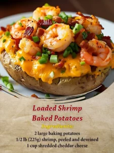 Loaded shrimp baked potato topped with cheese and herbs