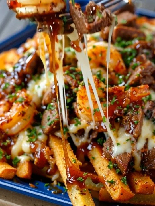 Loaded surf turf fries topped with steak and shrimp for a flavorful dish.