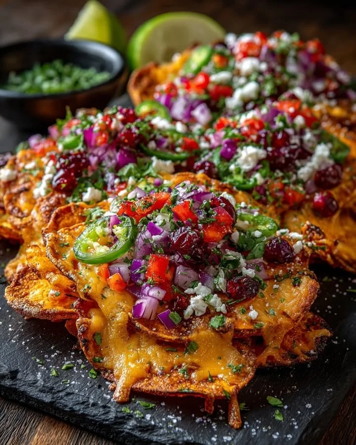 Loaded Sweet Potato Nachos with Three Cheeses & Cranberry Salsa