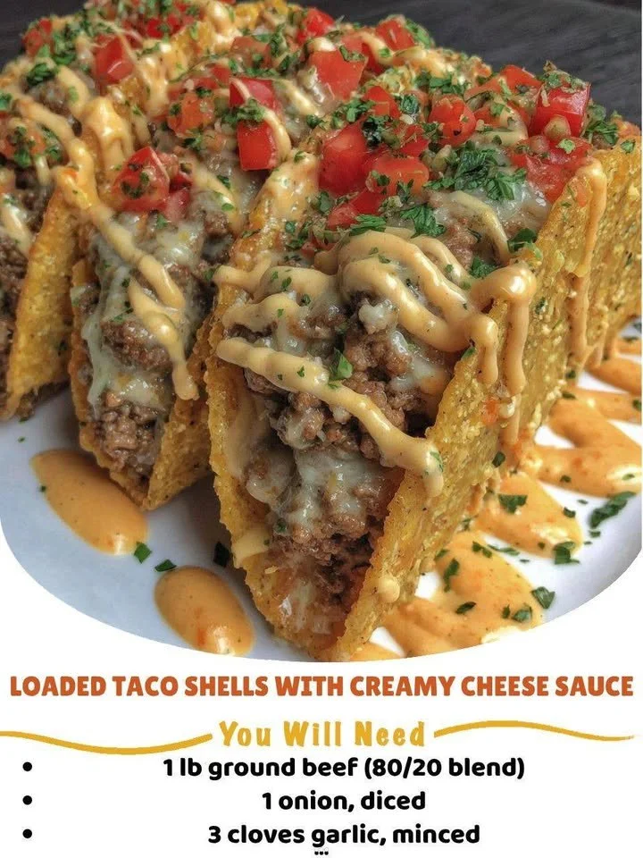 Loaded Taco Shells with Creamy Cheese Sauce