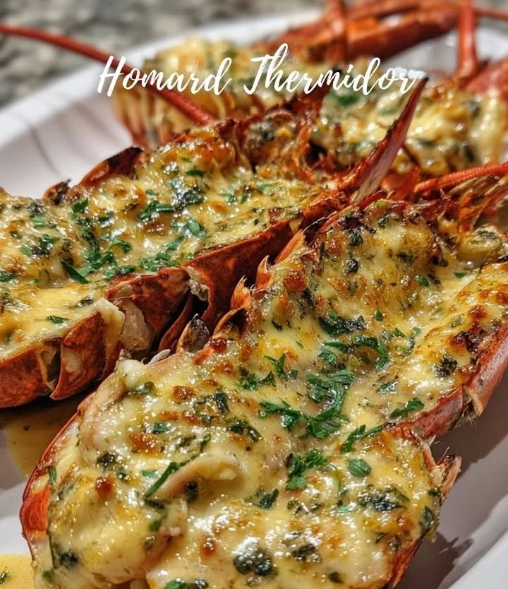 Plate of Lobster Thermidor garnished with herbs and served in lobster shells