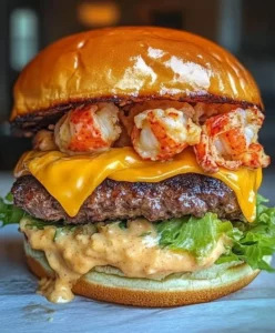 Lobster-Topped Cheddar Smash Burger with melted cheese and fresh ingredients