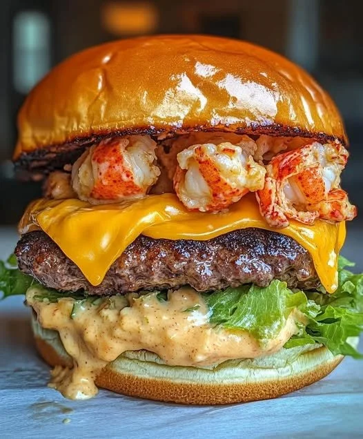 Lobster-Topped Cheddar Smash Burger with melted cheese and fresh ingredients