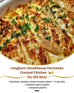Plate of Longhorn Steakhouse Parmesan Crusted Chicken with a cheesy crust
