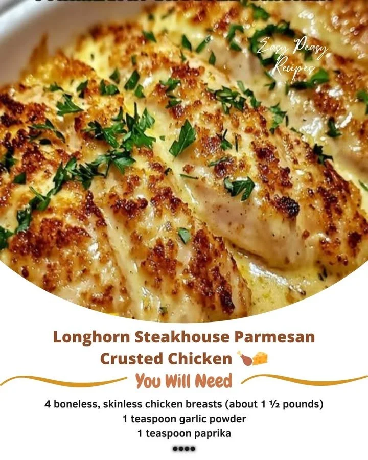 Plate of Longhorn Steakhouse Parmesan Crusted Chicken with a cheesy crust