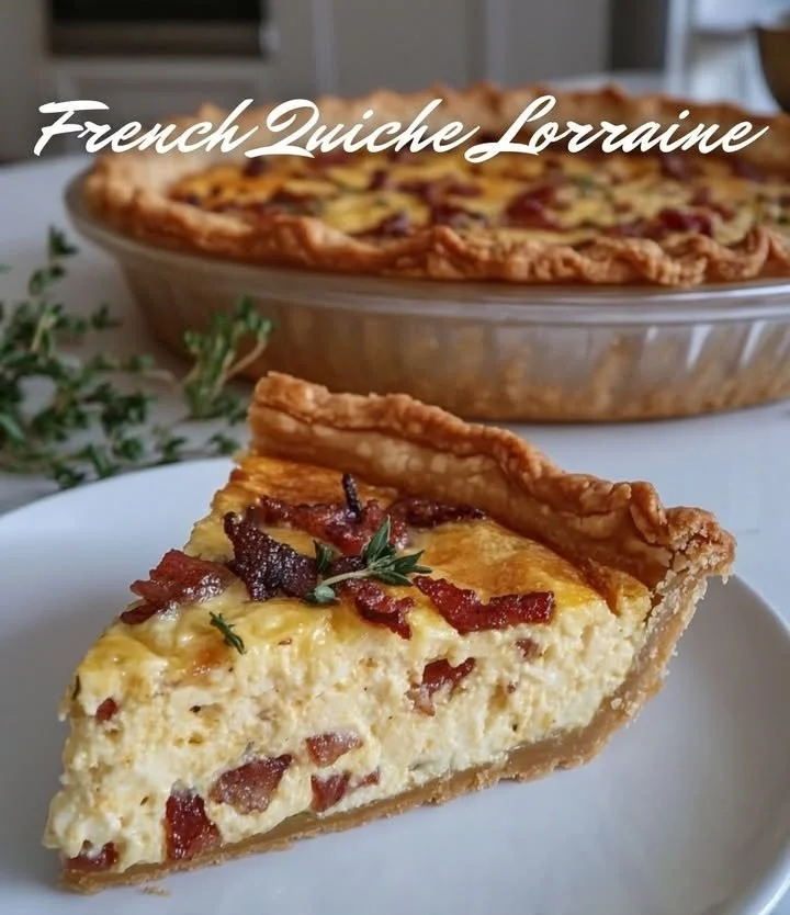 Delicious Lorraine pie with bacon, cheese, and onions served on a plate.