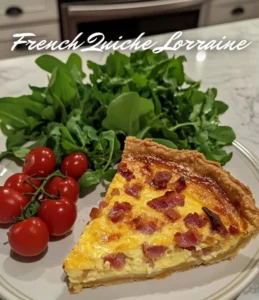 Delicious Lorraine Quiche with bacon, cheese, and creamy custard in a golden crust.