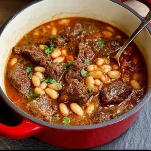 Plate of Loubia featuring stewed beef and white beans.